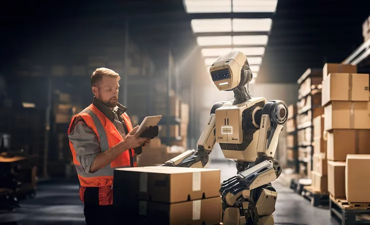 An image depicting a person collaborating with artificial intelligence (AI) in a warehouse setting, managing stocks. This illustrates the concept of AI ecommerce integration, where advanced technologies streamline inventory management processes to optimize operations and enhance efficiency.