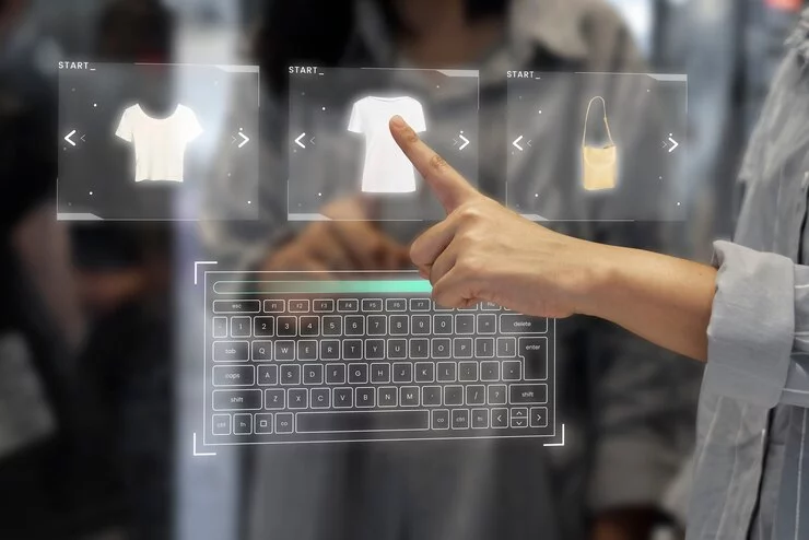A person interacts with a holographic display to select a product. This image illustrates AI ecommerce integration, showcasing futuristic technology that uses artificial intelligence to provide immersive and personalized shopping experiences.