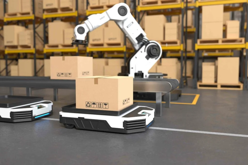 An AI-integrated robot diligently packing orders in an ecommerce setting, showcasing seamless automation in the fulfillment process.