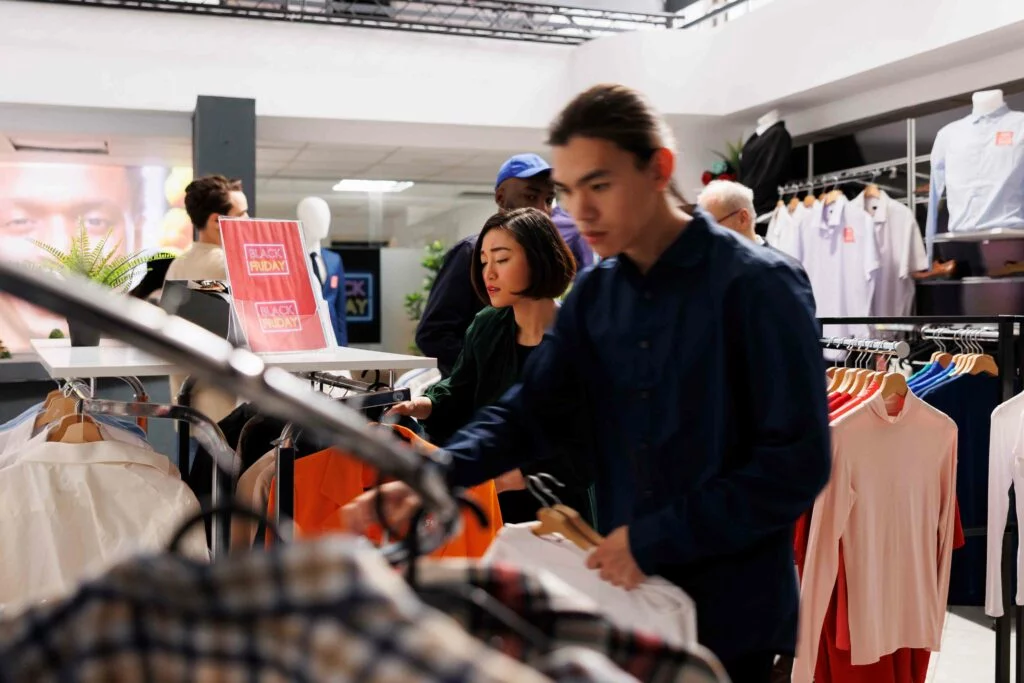 Shoppers browsing Black Friday deals in a bustling store, highlighting AI integration in ecommerce for 2024, with insights from industry pioneers and established brands.
