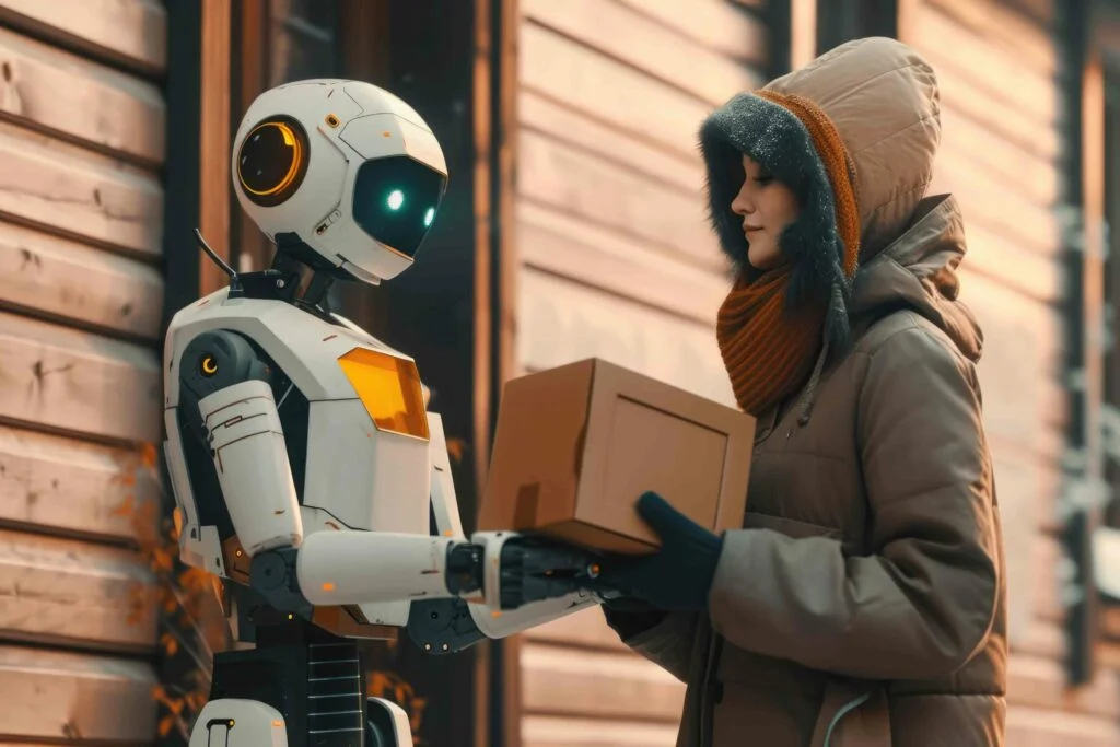 A robot seamlessly handing a package to a person, illustrating the evolution of supply chains with AI integration in ecommerce in 2024