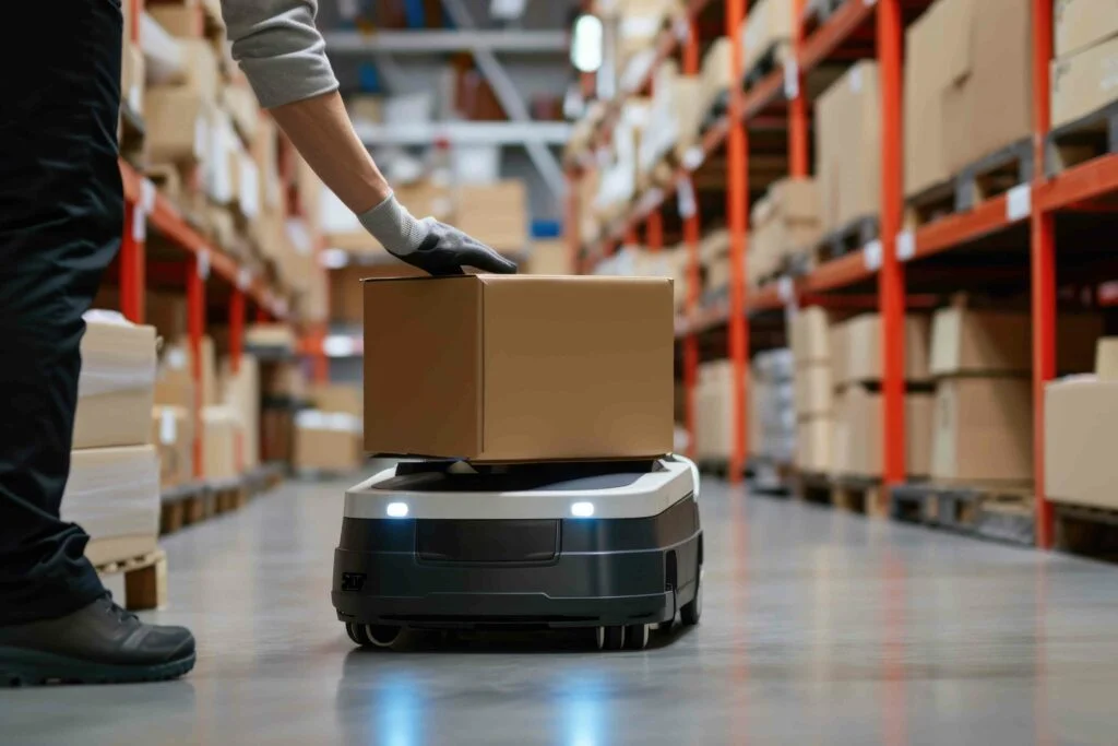 An image illustrating the impacts of AI integration in eCommerce in 2023 and Beyond, depicting a person handing a package to a robot in a warehouse setting.