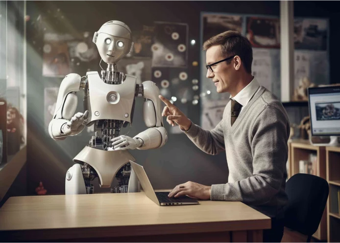 A professional engaging with a humanoid robot while exploring SEO secrets for eCommerce success, highlighting AI integration in modern workspaces.