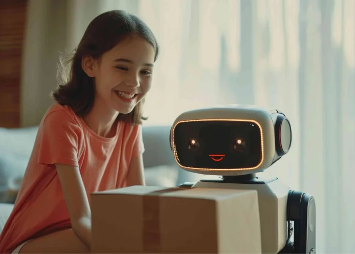A young girl smiling at an AI robot, illustrating AI integration in enhancing digital interactions, personalizing customer experiences, and revolutionizing supply chains in eCommerce.