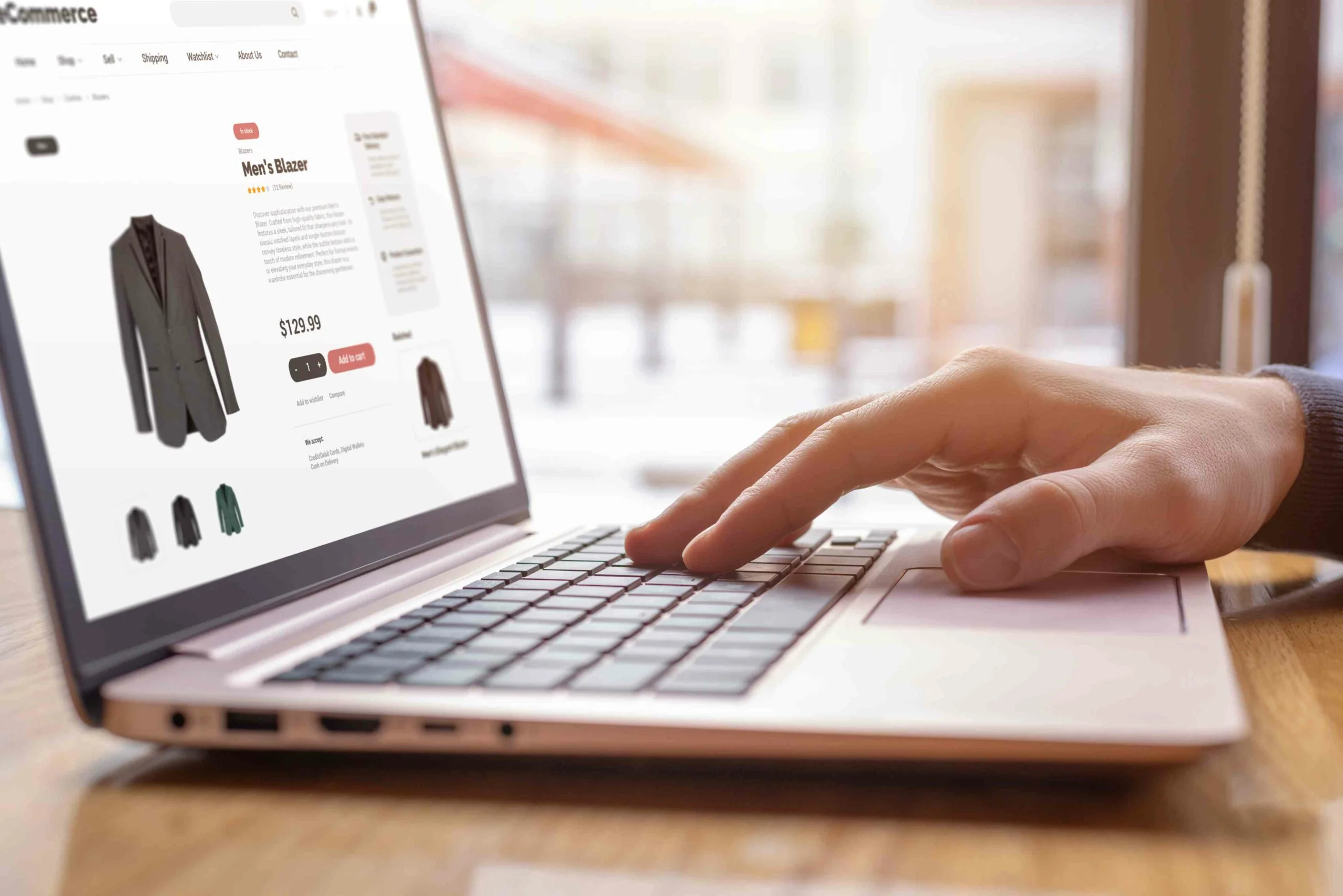 Person browsing a blazer on a laptop. AI integration personalizes the shopping experience with product recommendations.