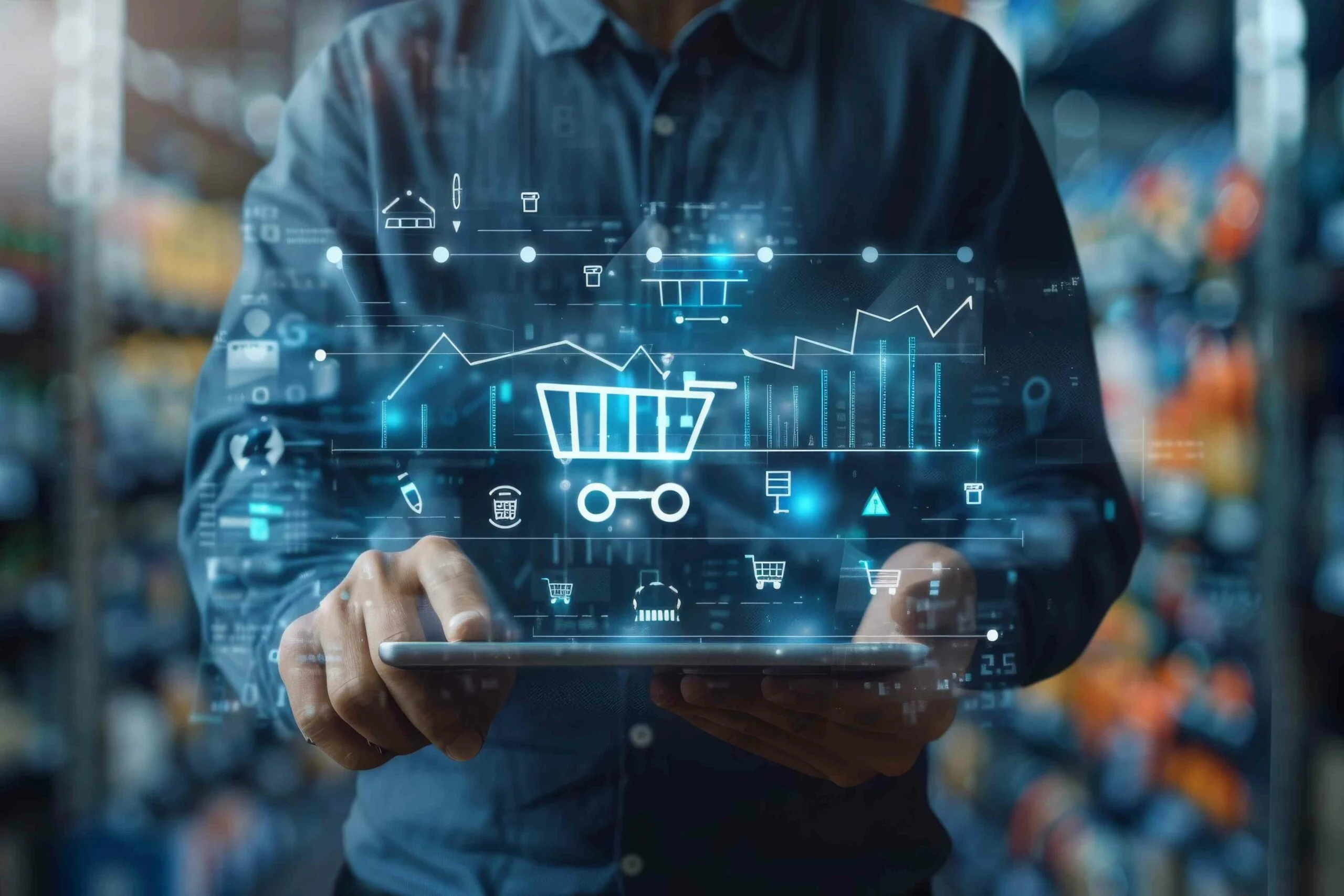 A man holding a digital tablet in his hands, browsing products online. AI integration in e-commerce is revolutionizing the shopping experience by personalizing recommendations and streamlining processes.