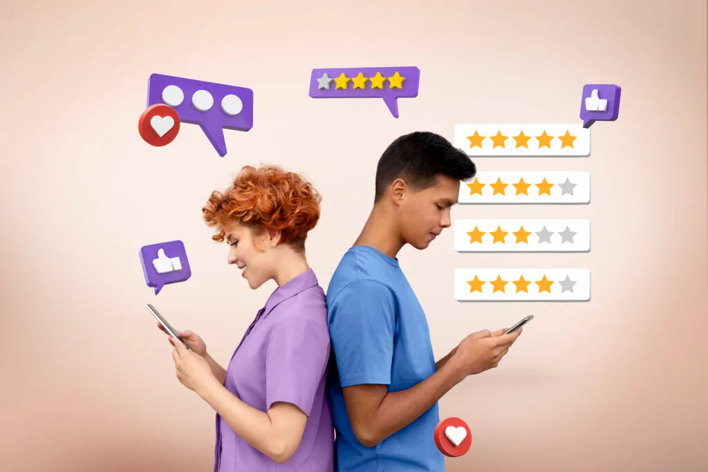 Two people using their phones, with review widgets in the background, illustrating Shopify eco-tech innovations that enhance e-commerce.