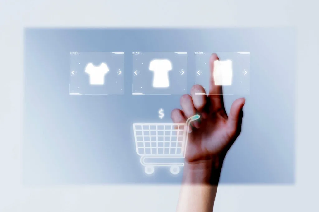 A hand selecting a product on a futuristic hologram screen, symbolizing Amazon eCommerce strategies and the future of online shopping innovations.