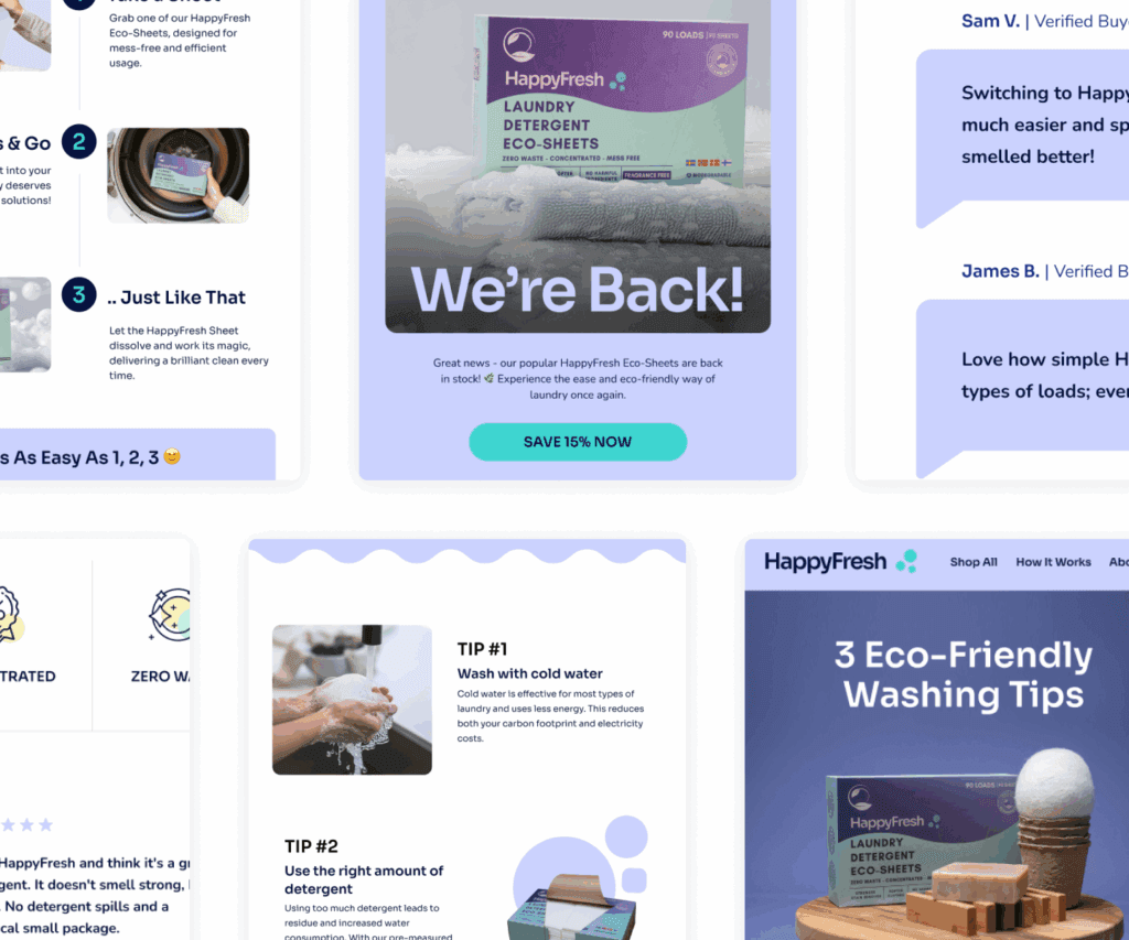 Overview of a selection of an applied confirmation email template throughout for different campaigns