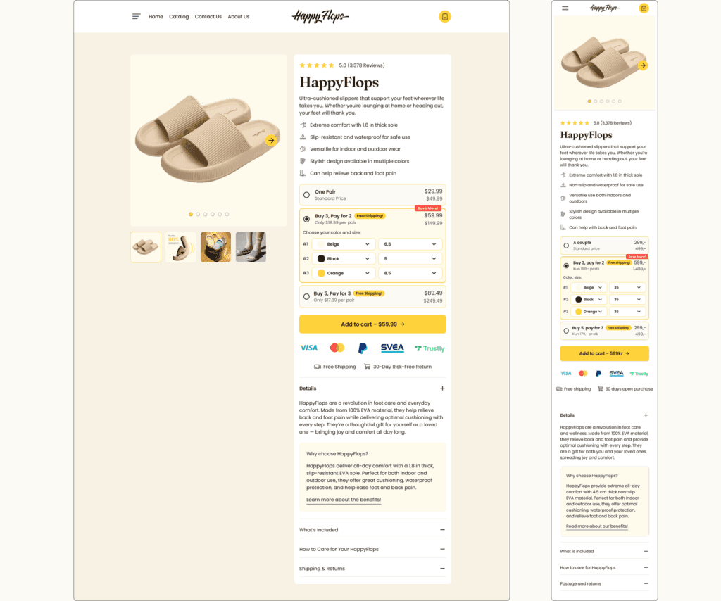 Example of HappyFlops' PDP created by Blikket to improve microconversions