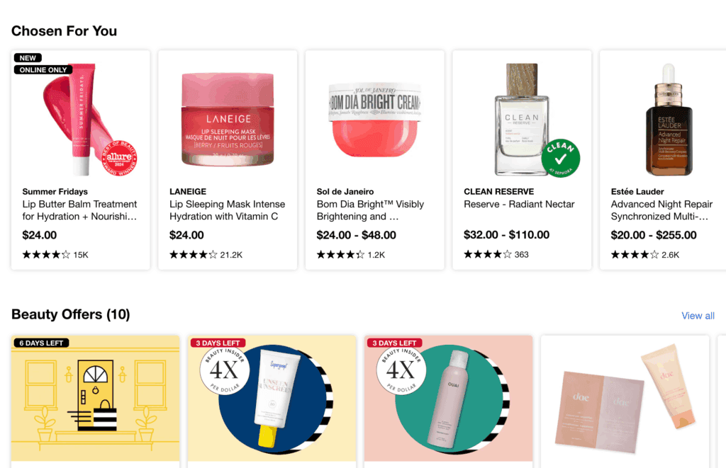 Section of the Sephora website showcasing what is a customer touch point